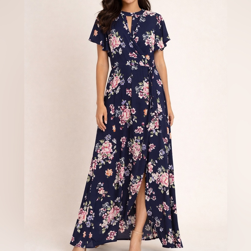 MIAMI Navy Floral Wrap Maxi Dress | Size Large | Flutter Sleeve Boho